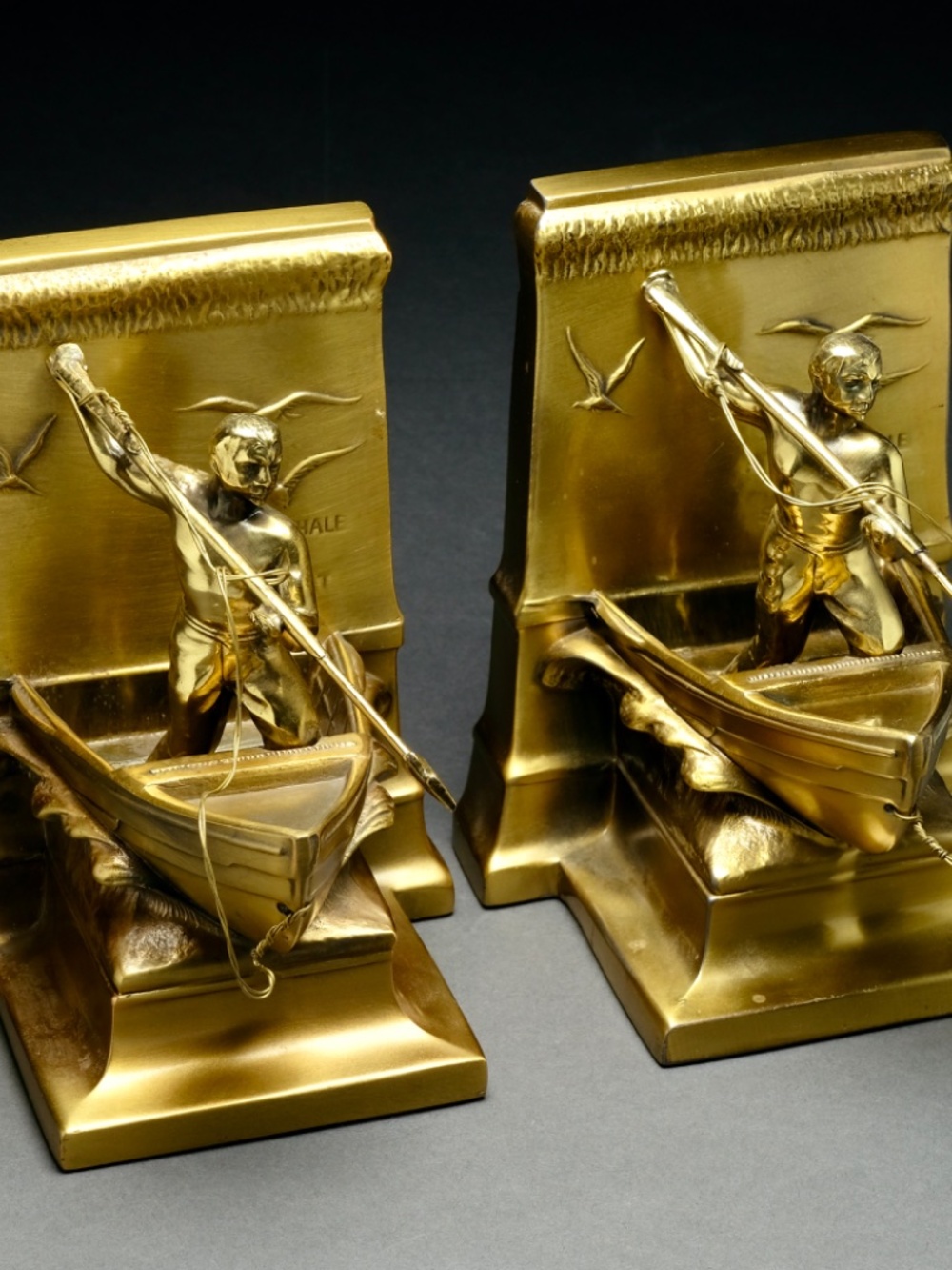 Vintage P.M. Craftsman Whaler Bookends Bela Lyon Pratt Bronze Nautical Pair